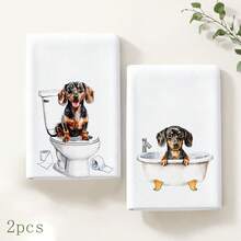 2pcs White Dachshund Pattern Bathroom Towels, Fun Cartoon Style Soft Fabric Rectangular Bathtub Toilet Dog Print Absorbent Hand Towels, Suitable For Bathroom, Washroom, Guest Bathroom, Housewarming Celebration, Daily Home Use, 4/6/8pcs Combination Pack - Multicolor - View 11