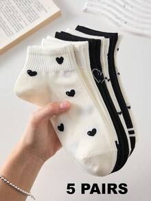 5 Pairs Black & White Heart Pattern Women's Short Socks, Non-Slip Comfortable Breathable Moisture-Wicking, Suitable For Spring/Autumn/Summer - Black and White - View 10