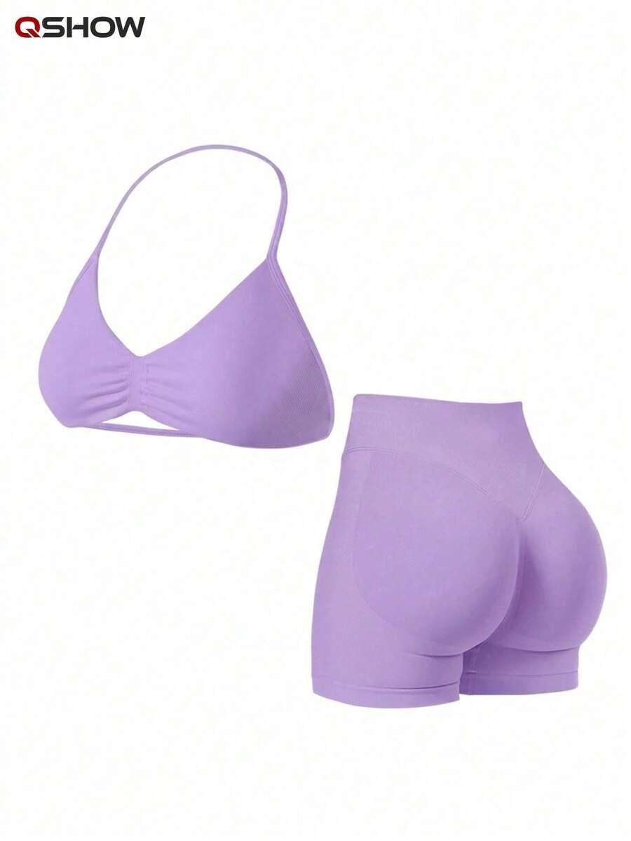 Women's Summer 2 Pieces Pink Top And High-Waist Shorts Set, Suitable For Sports, Yoga, Pilates, Gym, Running - Purple - View 1