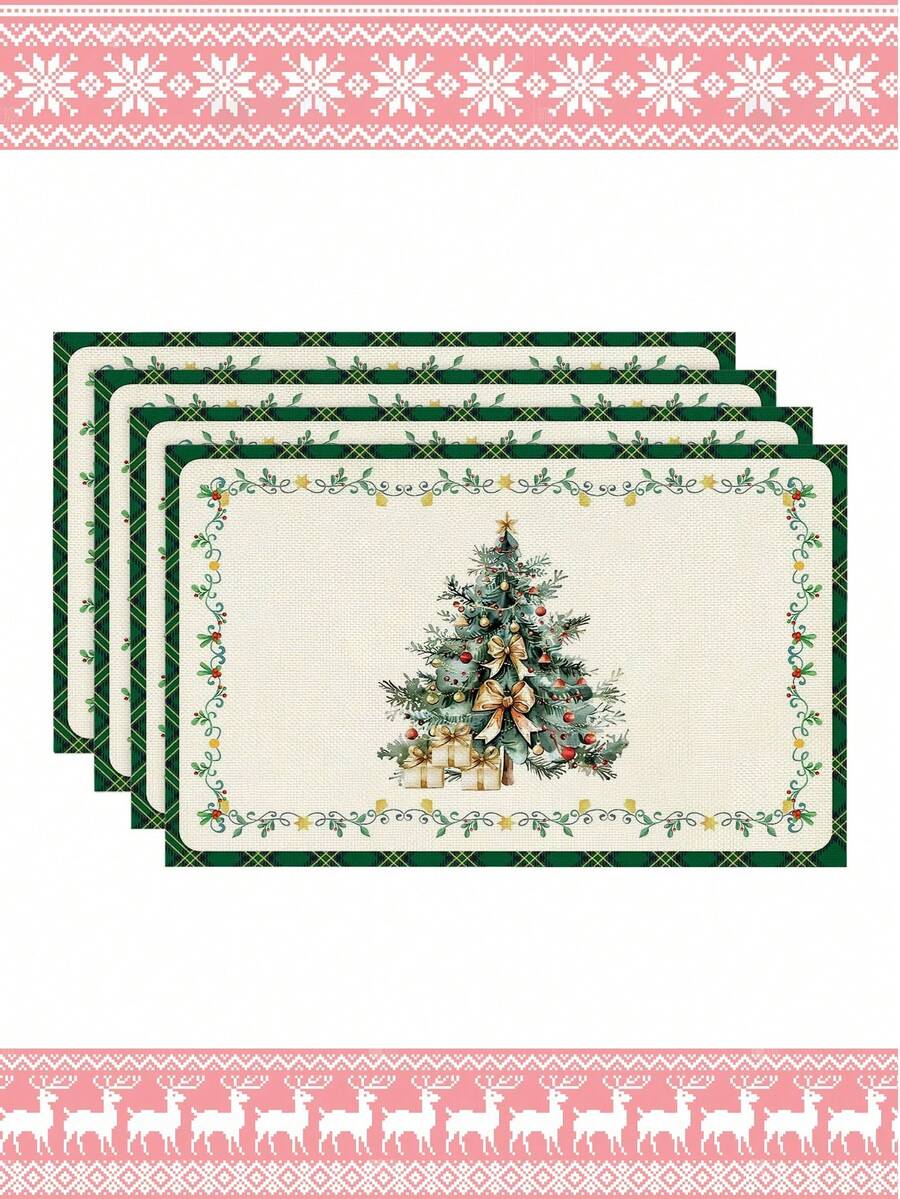 1pc/4pcs/6pcs,Christmas Tree,Pine Tree,Gift Print Table Mat,Rectangular Tablecloth,Washable,Suitable For Family Dinner,Coffee Table,Durable Kitchen And Dining Room Decor,Table Decoration Party And Scene Decoration,Home Decor - Multicolor - View 1