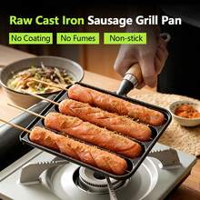 Cast Iron Sausage Grill Pan With Wooden Handle, 4‑Slot Non‑Coated Sausage Making Skillet, Multi‑Purpose Grill Pan For Hot Dog, Sausage, Bacon, Compatible For All Stovetops Kitchen Cookware - Black - View 7
