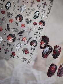 1 Gothic Style Halloween Nail Art Luxury Sticker, Skull Ghost Cross Raven Rose Clock Self-Adhesive Nail Art Charm Sticker, Dark Retro Horror Nail Art Decoration Sticker - Multicolor - View 2