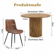 Minimalist Round Table Set With 1 Table And 4 Chairs. Round Dining Table Made Of MDF With A 100 Cm Diameter In A Wood Look. Combined With 4 Chairs Made Of Brown High-Tech Fabric And A Widened Seat. - 棕色+黑色,木質 - 查看 2