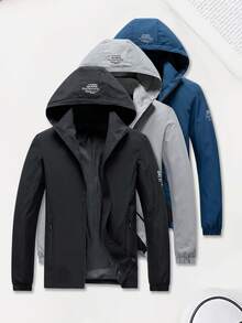 Men's Hooded Jacket, Spring/Autumn Style, Black Casual Outerwear, 2-Piece Set, Multiple Colors Available, Fashion Casual Top, Simple Versatile - Black - View 1