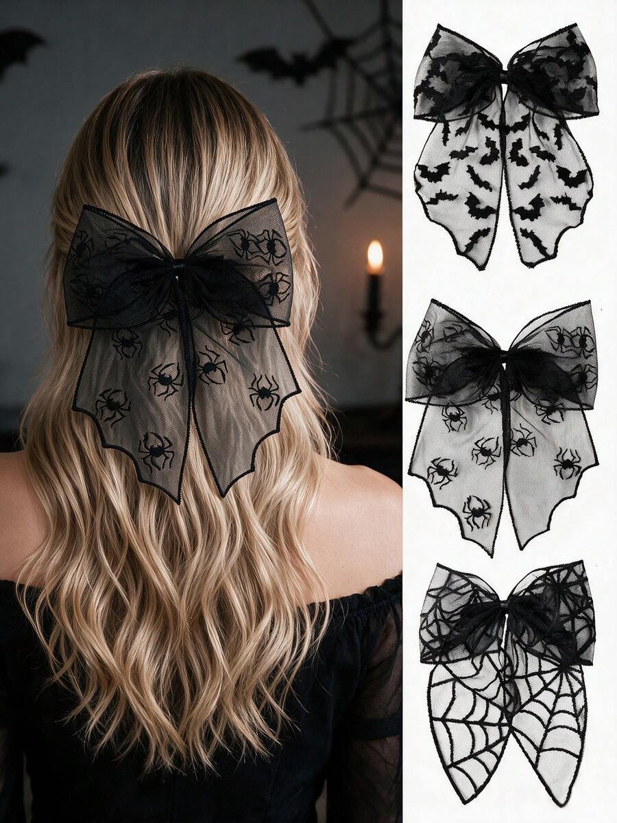 Halloween Large Bow Hair Clip, Lace Embroidery Bat Spider Web Ribbon Hairpin, Women Gothic Party Masquerade Hair Accessories