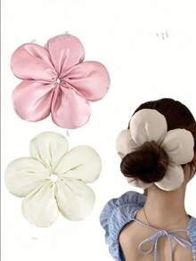 1pc Large Flower Satin Hair Scrunchie, Flower Shaped Silk Hair Tie, Korean Style Fashion Large Flower Hair Accessory, Suitable For Thick Coarse Curly Hair - Multicolor - View 6