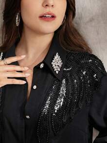 ALIAO Spring Black 3D Floral Embroidered Long Sleeve Shirt, Bohemian Style, Plus Size, Wedding And Casual Wear - Black - View 4
