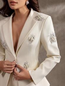 ALIAO Spring Apricot Luxury Rhinestone Waist-Cinching Pocket Blazer Old Money Style Back To School Valentine's Day Commute Fall - Apricot - View 2