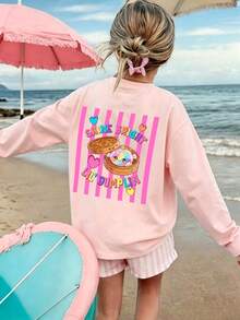 Tween Girls Cute Dumpling Graphic Long Sleeve Tee, "Shine Bright Lil' Dumplin" Letter Print Casual Top - Pink - View 2