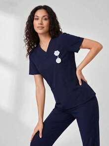 V-Neck Multi-Pocket Waist Tie Short Sleeve Top And Pants Scrub Set Fall - Navy Blue - View 2
