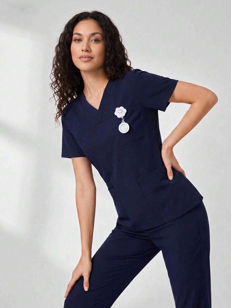 V-Neck Multi-Pocket Waist Tie Short Sleeve Top And Pants Scrub Set Fall