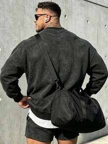 Men's Solid Color Drop Shoulder Long Sleeve Drawstring Pocket Casual Sweatshirt, Autumn/Winter, Back To School Season - Black - View 3