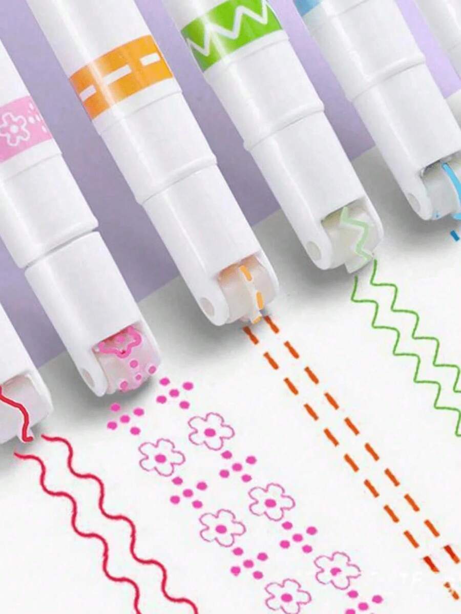 6pcs Fluorescent Wavy Ink Border Pens, Suitable For DIY Projects And Curved Marking, Versatile Use For School And Office, Random Colors, Back To School Creative Patterns, Party, Birthday Gift, Reward, New Year Gift - A - View 1