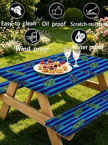 3 PiecesPicnic Tablecloth Set With Bench Cover, Elastic Edge Design, Line And Floral Pattern, Matching Pattern, Washable Rectangular Tablecloth, Suitable For Weddings, Camping, Picnics, Garden Parties And Other Occasions, Practical Essential - D - View 9