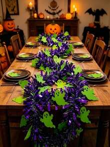 6pcs Halloween Ribbon Sequin Garland Glitter Strip, Purple Ghost DIY Halloween Wreath Door Hanging Decoration, Indoor Outdoor Yard Halloween Decor, Halloween Metallic Sequin Tassel, Halloween Decoration - M - View 6