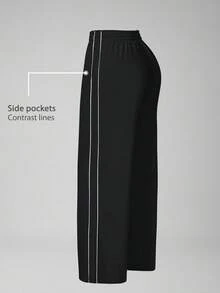 TimeOff Women's 1pc Colorblock Side Vertical Stripe Side Pocket Elastic Waist Wide Leg Pants - Black - View 5