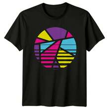 Retro T-Shirt With An Abstract Geometric Pattern. Pure Cotton Unisex T-Shirt, Plus Size, Suitable For Slightly Overweight People. - Navy Blue - View 2