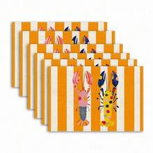 2/4/6pcs Yellow & White Striped, Polka Dot And Lobster Pattern Hand Washable Woven Rectangular Placemats, Perfect For Home Decor, Indoor/Outdoor Dining, Housewarming Gift - Yellow - View 9