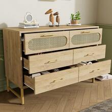 6-Drawer Rattan Sideboard, Dresser, Vanity For Living Room And Bedroom, Metal Handles, Anti-Tip Protection, 120 X 40 X 74, Sonoma Oak - Oak + Metal + Particle Board - View 6