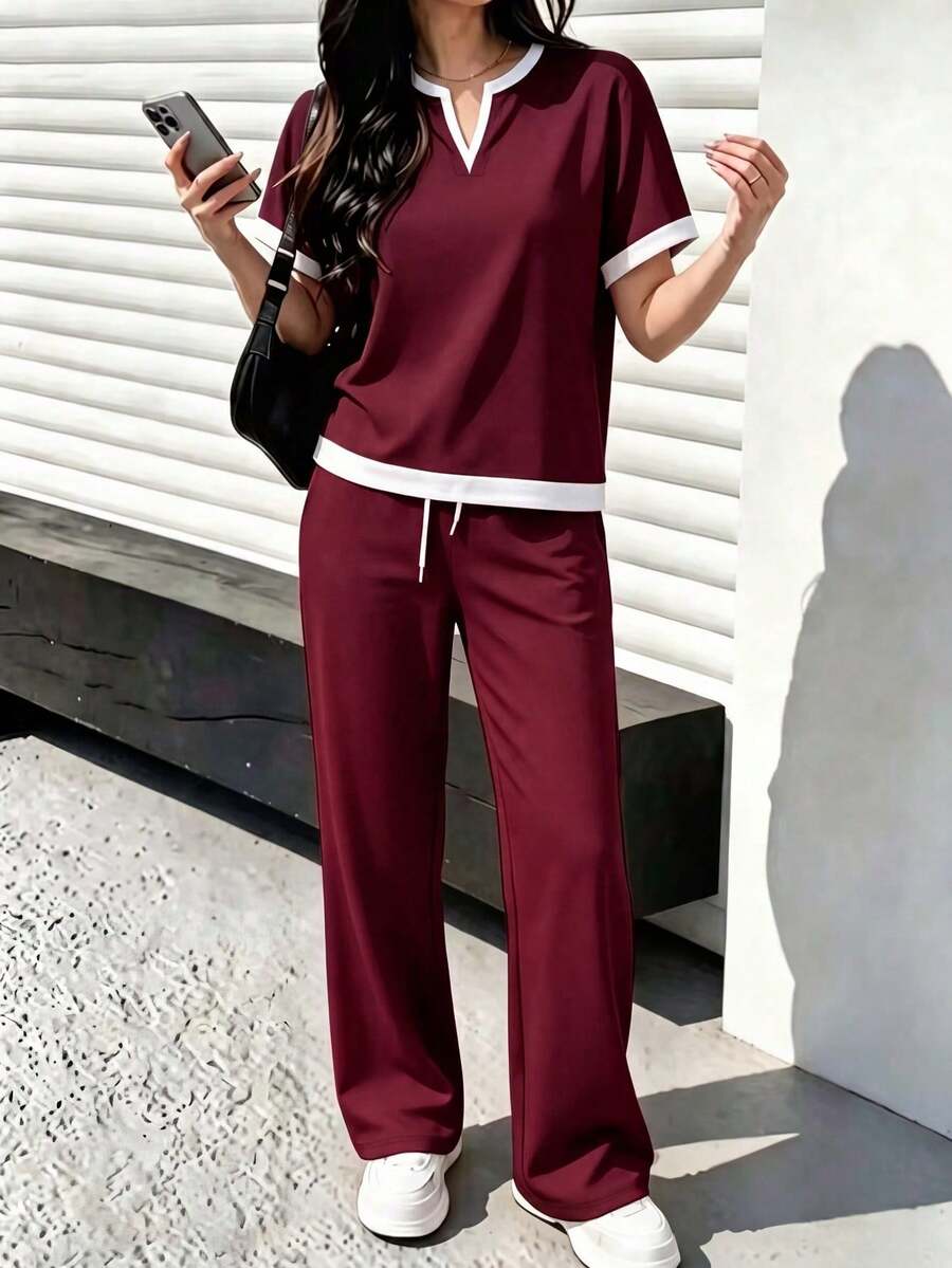 春/秋女款新款休閒百搭撞色V領短袖上衣 & 高腰抽繩直筒長褲 2件套 夏季 - 酒紅29+米白 - 查看 1
