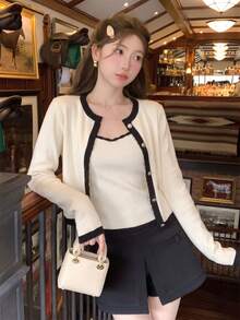 Autumn/Winter New Korean Style Sweet Casual Knit Sweater Set For Women, Preppy Contrast Color Long Sleeve Cardigan + Camisole 2-Piece Set, Versatile For Daily Commute - Apricot - View 2