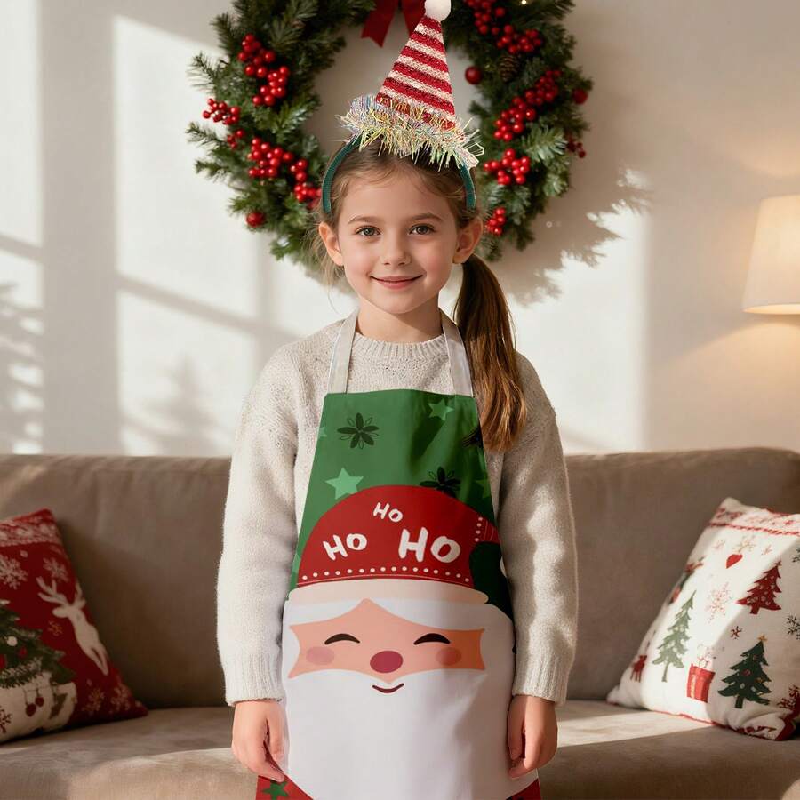 1pc Cute Christmas Theme Linen Children's Apron, Holiday Gingerbread Man, Snowflake, Santa Claus, Dachshund Print, Suitable For Christmas Holiday Party - Multicolor - View 1