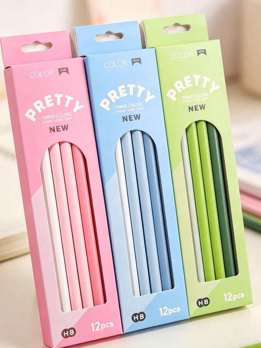 12pcs Macaron Gradient Color HB/2B Pencil Set, 12pcs/Box, Coated Wooden, Smooth Writing, Cute Macaron Color Scheme, Suitable For Students Sketching And Journaling, Back To School Essential Pencil Stationery, New Year Birthday Holiday Party Gift Choice - Multicolor - View 1
