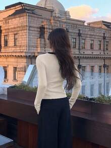 Sexy Asymmetrical Hem Bow Contrast Color Long Sleeve Knit Sweater, Slim Fit Flattering Versatile Knit Top For Autumn/Winter - Apricot - View 5