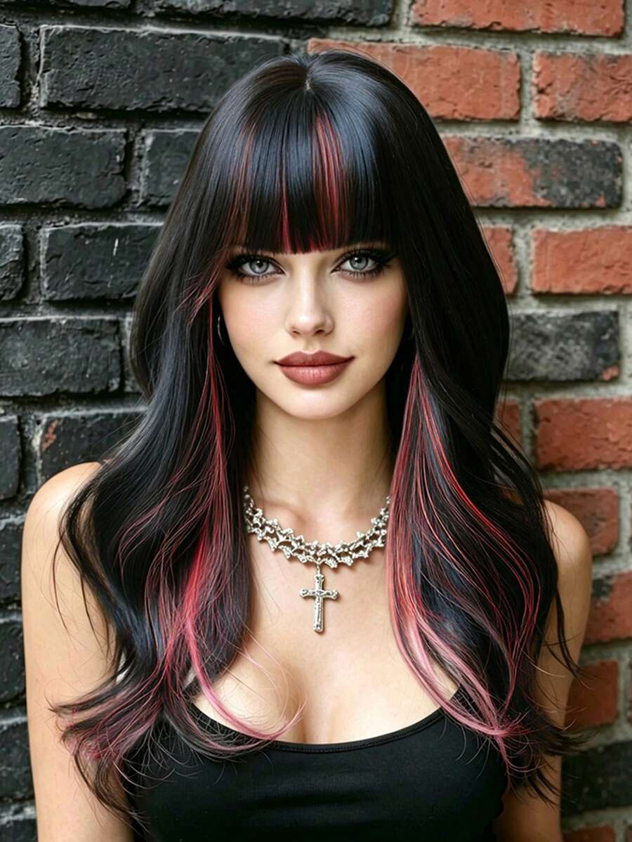 AKAKO Peruca Longa Ondulada de 20 Polegadas com Mechas Rosas e Franja, Fibra Sintética Resistente ao Calor, Acessório de Moda para Fantasia de Halloween, Uso Diário, Cosplay e Festa de Festival de Música