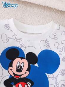 Disney 2pcs/Set Autumn Mickey Line Doodle Print Long Sleeve Ribbed Sweatshirt And Elastic Waist Simple Line Pattern Sweatpants Outfit, Cartoon Graphic, Slightly Stretchy, Suitable For Baby Toddler Newborn Daily Wear, Spring Gift - Blue - View 3