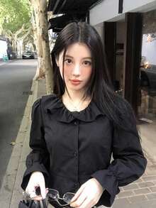 Autumn Elegant Solid Color Ruffle Trim Blouse Black - Black - View 4