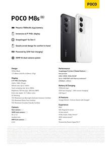 Xiaomi POCO M8s 5G NFC 智慧型手機 全球版 Snapdragon 6s Gen 3 處理器 6.9 吋 FHD+ DotDisplay 144Hz 更新率 50MP 主相機 7000mAh (Typ) 電池 33W 快充 四曲面設計 手感舒適 IP64 防塵防水 - 白色 - 查看 7