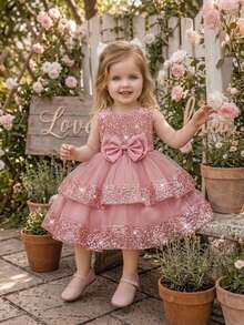 Baby Girls Sequin Mesh Bow Tutu Dress, Cute Flower Girl Dress For Party, Headband Not Included - Dusty Pink - View 4