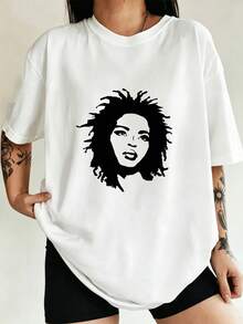 Loose Fit Artistic Portrait Silhouette Print Tee, Halloween Daily Casual Short Sleeve T‑Shirt Party Top - White - View 1