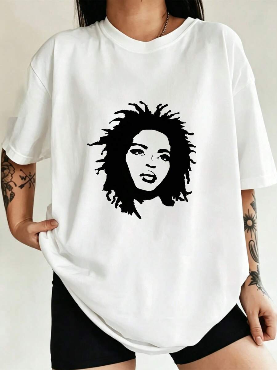 Loose Fit Artistic Portrait Silhouette Print Tee, Halloween Daily Casual Short Sleeve T‑Shirt Party Top - White - View 1