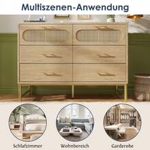 6-Drawer Rattan Sideboard, Dresser, Vanity For Living Room And Bedroom, Metal Handles, Anti-Tip Protection, 120 X 40 X 74, Sonoma Oak - Oak + Metal + Particle Board - View 7