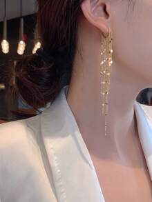 小眾設計亮片長流蘇耳環 新款韓系網紅風優雅女款耳墜 - 金色 - 查看 2