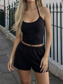 Unadoll Women's Autumn Black 2 Pieces Set, Halter Neck Cropped Top With Drawstring Pocket Shorts, Suitable For Back To School And Casual Daily Wear - Black - View 3