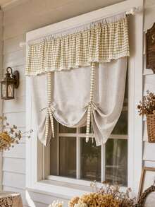 1pc Vinatge Plaid Valance Tie Up Curtain, Farmhouse Linen Balloon Window Shade, Light Filtering Adjustable Bow Roman Curtain For Bedroom Kitchen Cafe Window Decor - Beige - View 10