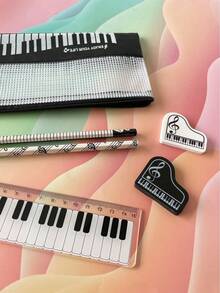 6pcs/Set Music Piano Pencil Bag Zipper Stationery Pouch School Students Ruler Pencil Eraser Pens Organizer Bag Back To School Gift - Pencil Case Set - View 2