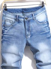 Men's Slim Fit Elastic Washed Denim Pants Embroidered Pattern Suitable For Daily Commuting In All Seasons - Light Wash - View 5