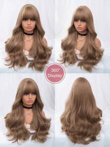 alicegarden 28 Inch Long Synthetic Wig, Natural Wavy Curls, Flaxen Brown Color, With Bangs, Suitable For Women Daily Wear, Party, Cosplay Use, Natural And Durable, Women's Wig Gift - Linen Brown - View 9