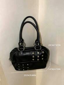 Tas Bahu Vintage Retro Rivet Gaya Jepang & Korea, Tas Bahu Vintage Serbaguna Kapasitas Besar untuk Komuter, Jalan-jalan, Belanja Sehari-hari - Hitam - View 7