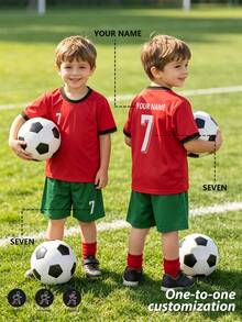 2pcs/Set Boys Soccer Jersey Set, Personalized Name/Club Customization, 7# Print Red Football Uniform, Short Sleeve & Shorts Set, Suitable For Boys & Girls, Sports, Cycling, Outdoor Running, Football, Star Player Style - Red - View 5