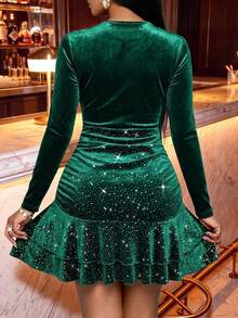 Women's Elegant Silver Foil Patchwork Short Dress - Dark Green - View 4