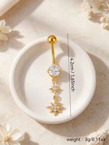 1pc Inlaid Cubic Zirconia Eight-Pointed Star Pendant Pierced Navel Ring, Suitable For Women's Daily Wear, Dating, Gathering, Party - Yellow Gold - View 2