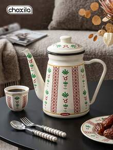 choxila 1pc Vintage Printed Enamel Coffee Gooseneck Kettle With Lid, Drip Coffee Pour-Over Pot, Home Kitchen Stove-Top Tea Kettle For Coffee Making - Flower Leaf Enamel Teapot - View 1