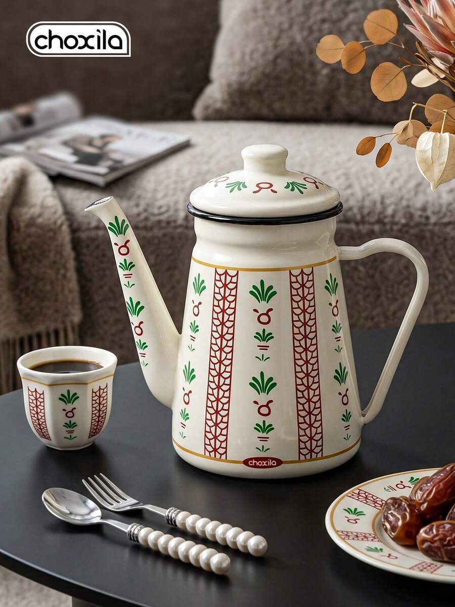 choxila 1pc Vintage Printed Enamel Coffee Gooseneck Kettle With Lid, Drip Coffee Pour-Over Pot, Home Kitchen Stove-Top Tea Kettle For Coffee Making - Flower Leaf Enamel Teapot - View 1