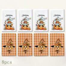 2pcs Orange Plaid Scarecrow Pumpkin Pattern Kitchen Towels, Autumn Country Farmhouse Style Cartoon Print Absorbent Hand Towels, Suitable For Autumn Kitchen, Harvest Season, Halloween, Thanksgiving, Family Gathering, Home Decor 4/6/8pcs Set - Multicolor - View 10