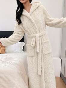 Autumn/Winter Thickened Jacquard Hooded Robe, Warm Coral Fleece Bathrobe With Belt And Pockets, Home Sleepwear - White - View 5
